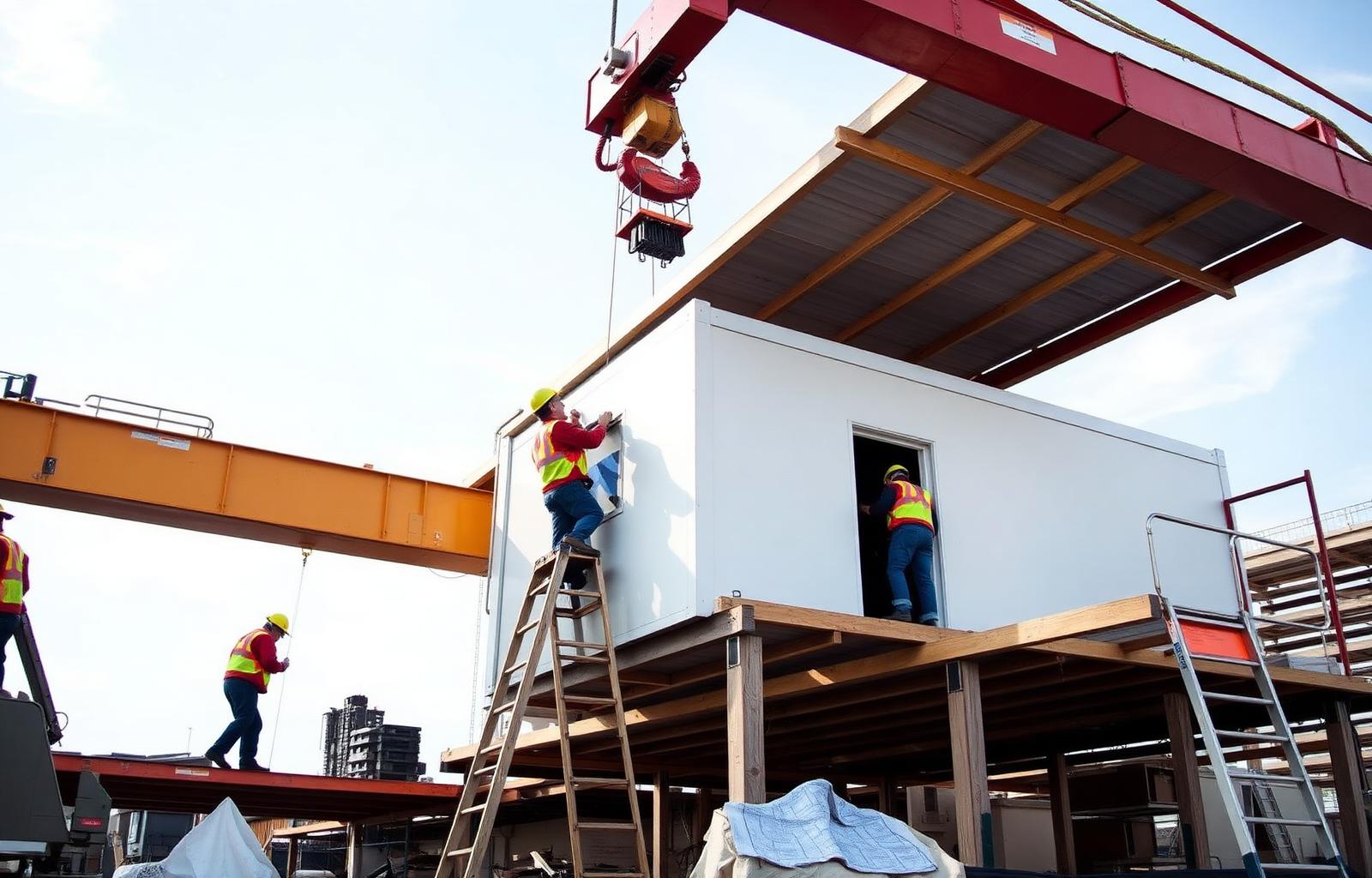 Montage d'un bâtiment modulaire sur chantier